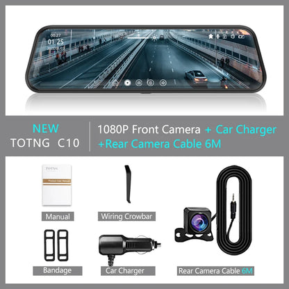 10 pouces pour voiture écran tactile enregistreur vidéo rétroviseur Dash Cam caméra avant et arrière miroir DVR (caméra arrière en option)