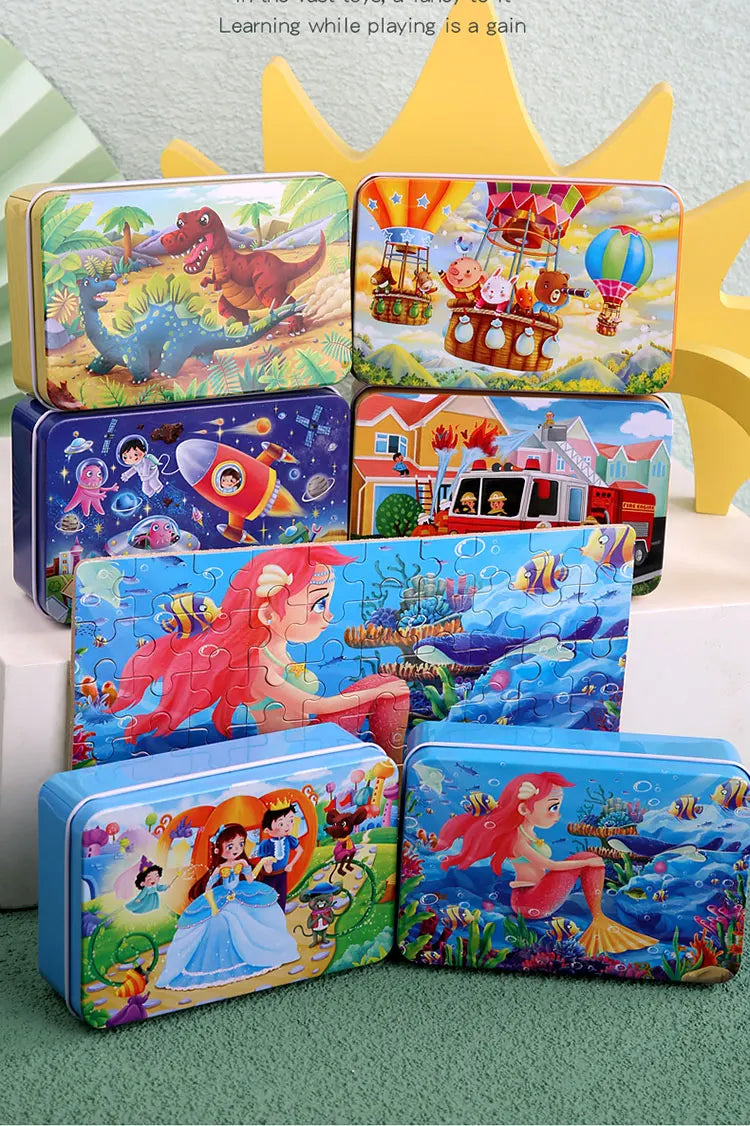Puzzle de dessin animé 60 pièces avec boîte en métal, Puzzle de véhicule Animal d'éducation précoce pour enfants, jeu d'interaction Parent-enfant