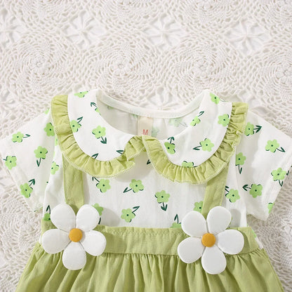 (0-3 ans) été bébé fille coton fleur faux deux pièces bandoulière robe fille mignon robe à manches courtes