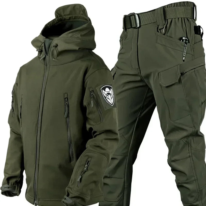 Combinaison camouflage épaisse pour hommes, ensemble d'entraînement tactique imperméable, veste à capuche multi-poches, pantalon polaire, chasse en plein air, 2 pièces, hiver