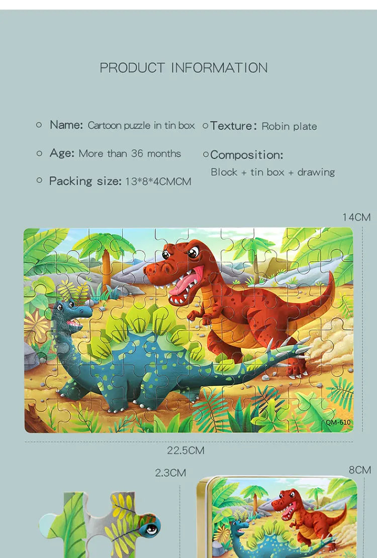 Puzzle de dessin animé 60 pièces avec boîte en métal, Puzzle de véhicule Animal d'éducation précoce pour enfants, jeu d'interaction Parent-enfant