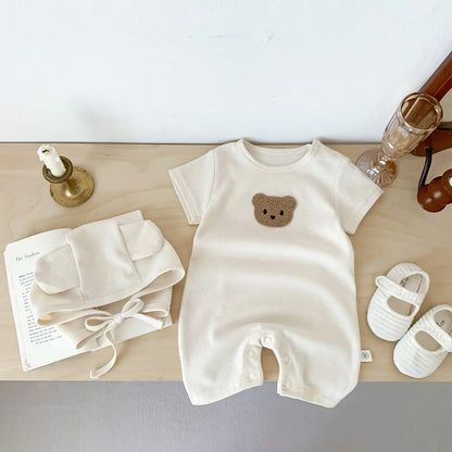 Combinaison d'été pour bébés filles et garçons, manches courtes, Patch gaufré, ours, nouveau-né, barboteuse en coton, chapeau cadeau avec oreille, nouvelle collection