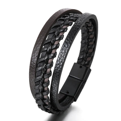 Bracelets en cuir pour hommes, en acier inoxydable, multicouches, en corde tressée, bijoux cadeaux, 21CM