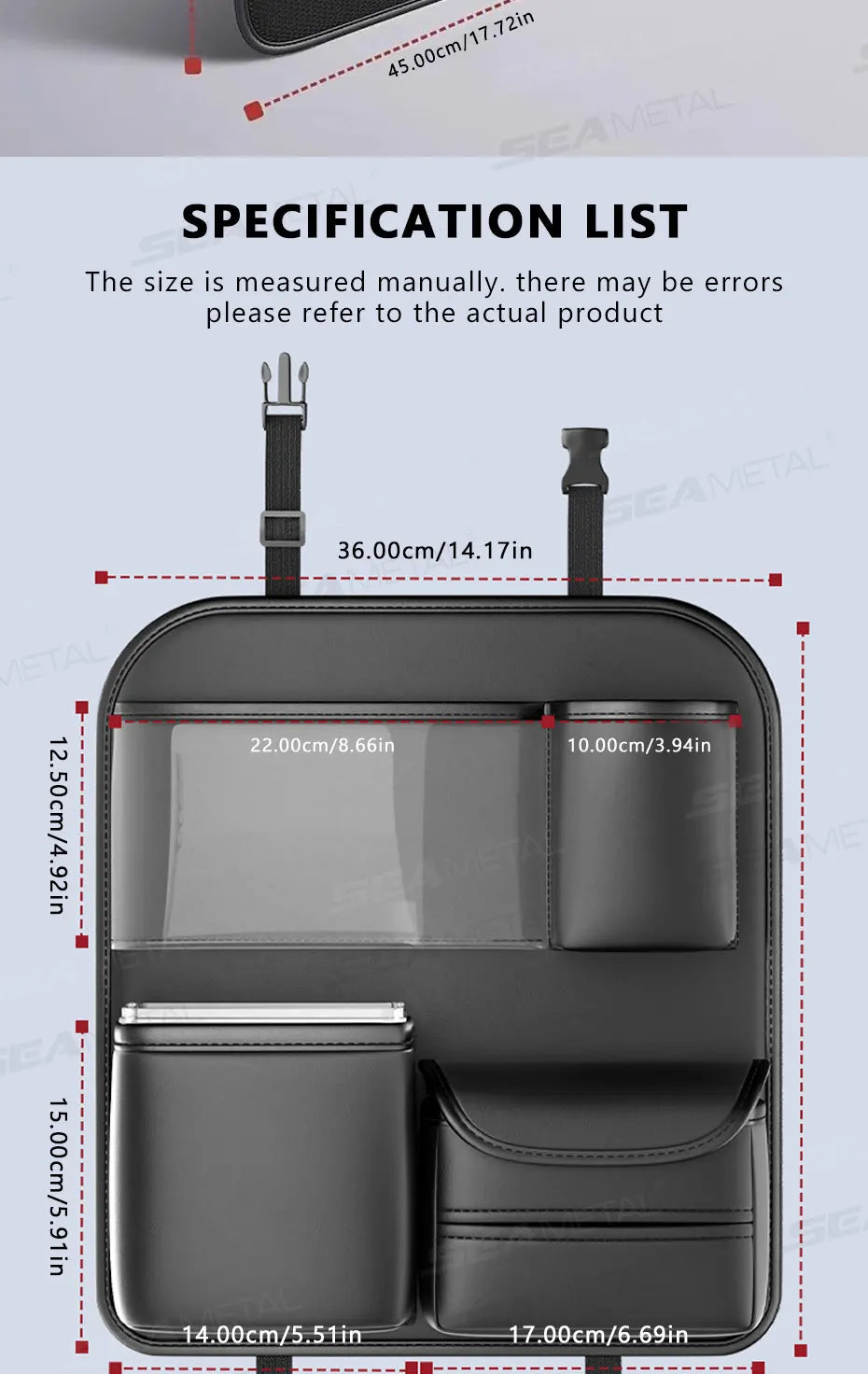 SEAMETAL 8 en 1 sac de rangement pour dossier de siège de voiture avec plateau pliable résistant à l'usure étanche organisateur de siège arrière de voiture porte-mouchoirs/gobelet