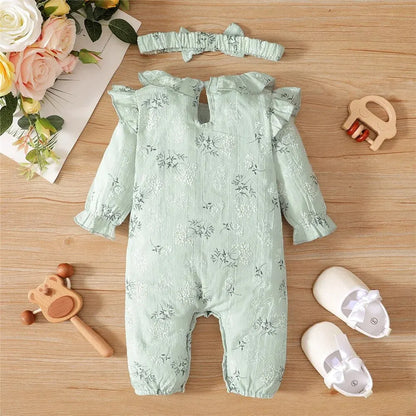 Body pour nouveau-né fille de 0 à 18 mois, imprimé Floral, barboteuse à manches longues avec bandeau, vêtements de printemps et d'automne