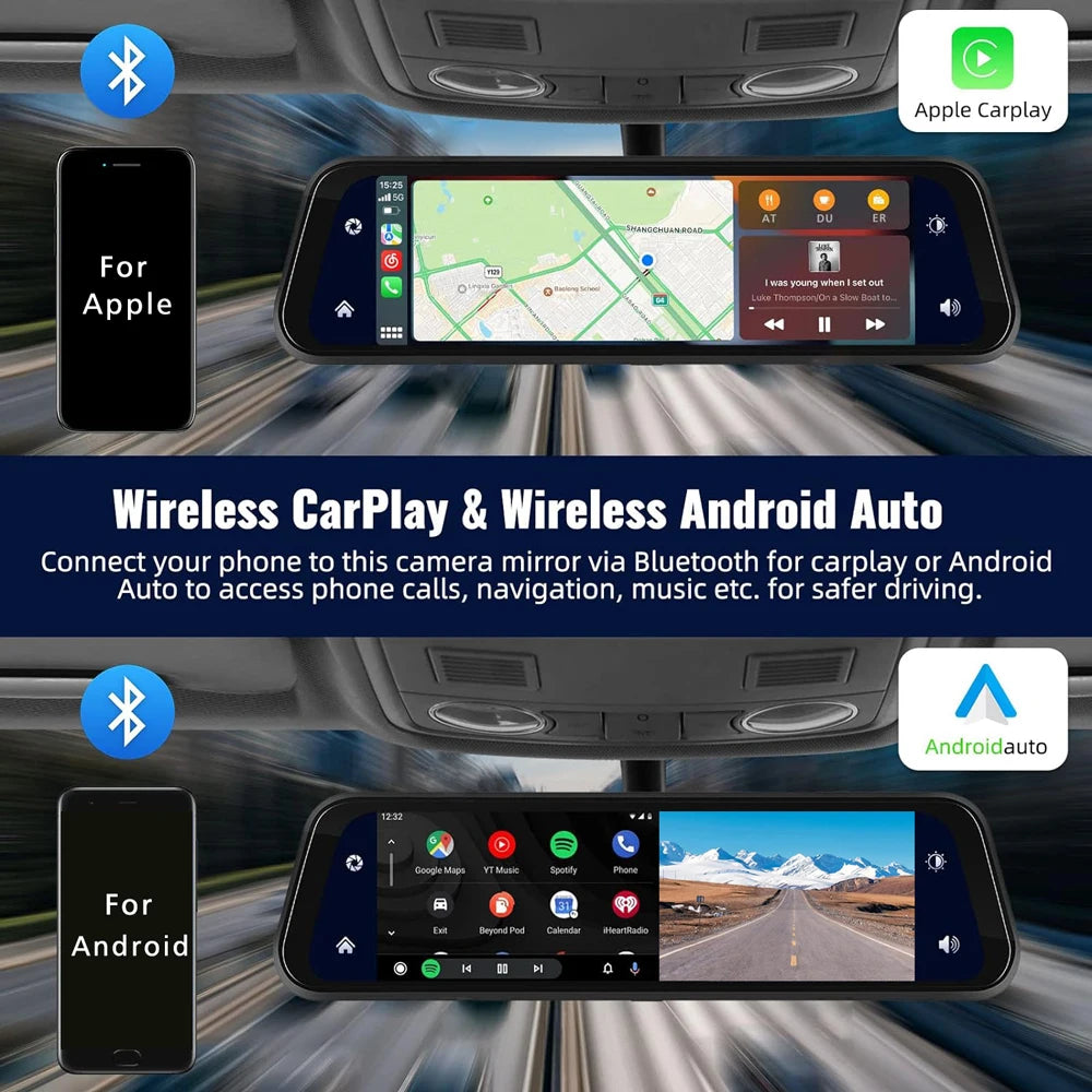 10 "Cam de tableau de bord 4K 3840*2160P voiture Dvr Carplay Android Auto GPS 5G WIFI AUX flux rétroviseur Dashcam caméra lecteur enregistreur FM