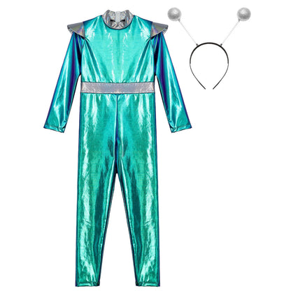 Costume de Cosplay Alien pour filles et garçons, combinaison d'astronaute à manches longues avec cerceau pour cheveux, pour fête de carnaval d'halloween