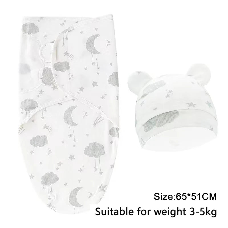Ensemble de couverture et chapeau pour bébé de 0 à 6 mois, en coton imprimé de dessin animé, emmaillotage réglable pour nouveau-né, enveloppes de couchage pour nourrissons, toutes saisons