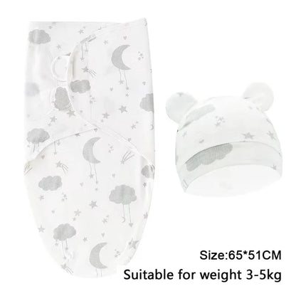 Ensemble de couverture et chapeau pour bébé de 0 à 6 mois, en coton imprimé de dessin animé, emmaillotage réglable pour nouveau-né, enveloppes de couchage pour nourrissons, toutes saisons