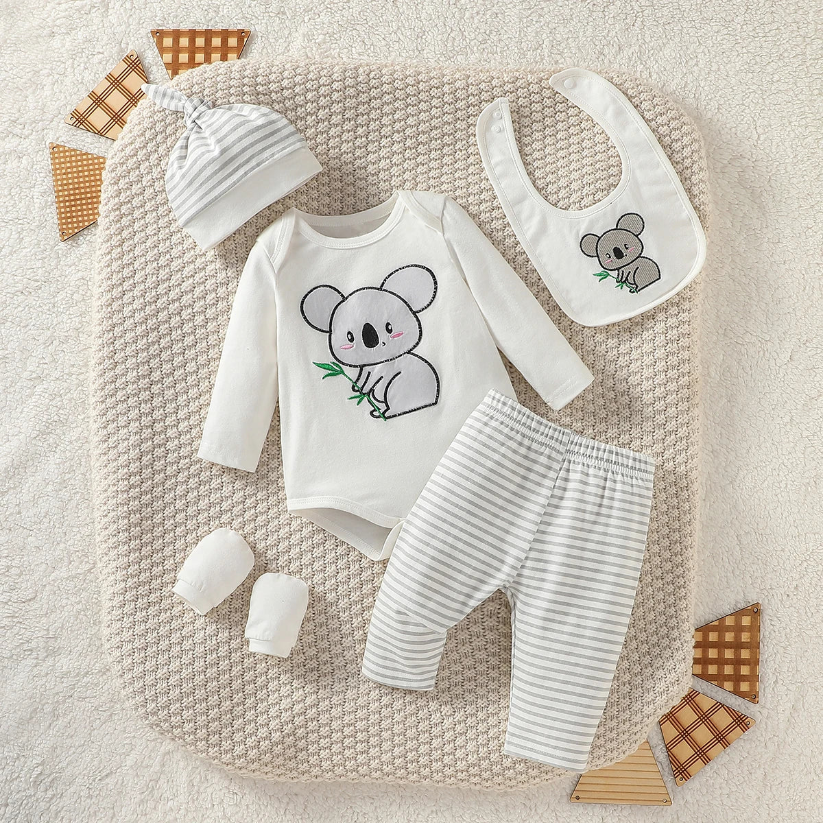 Ensemble 4 pièces pour bébé garçon, pantalon, chapeau, gants, bavoir, streetwear, dessin animé, éléphant, toutes saisons, mode