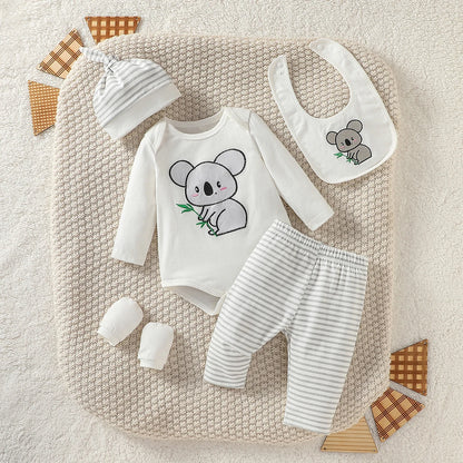 Ensemble 4 pièces pour bébé garçon, pantalon, chapeau, gants, bavoir, streetwear, dessin animé, éléphant, toutes saisons, mode