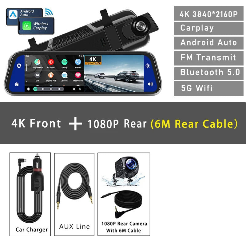10 "Cam de tableau de bord 4K 3840*2160P voiture Dvr Carplay Android Auto GPS 5G WIFI AUX flux rétroviseur Dashcam caméra lecteur enregistreur FM