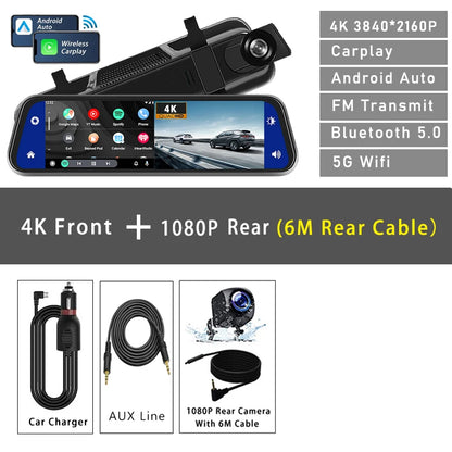 10 "Cam de tableau de bord 4K 3840*2160P voiture Dvr Carplay Android Auto GPS 5G WIFI AUX flux rétroviseur Dashcam caméra lecteur enregistreur FM