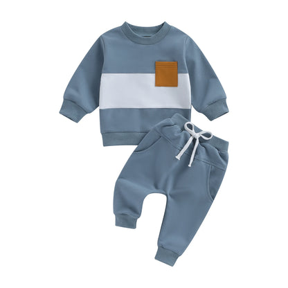 Survêtement d'hiver 2 pièces pour bébé, tenues pour garçons en bas âge, couleur contrastée, sweat-shirt à manches longues, hauts et pantalons longs, ensemble de vêtements pour tout-petits