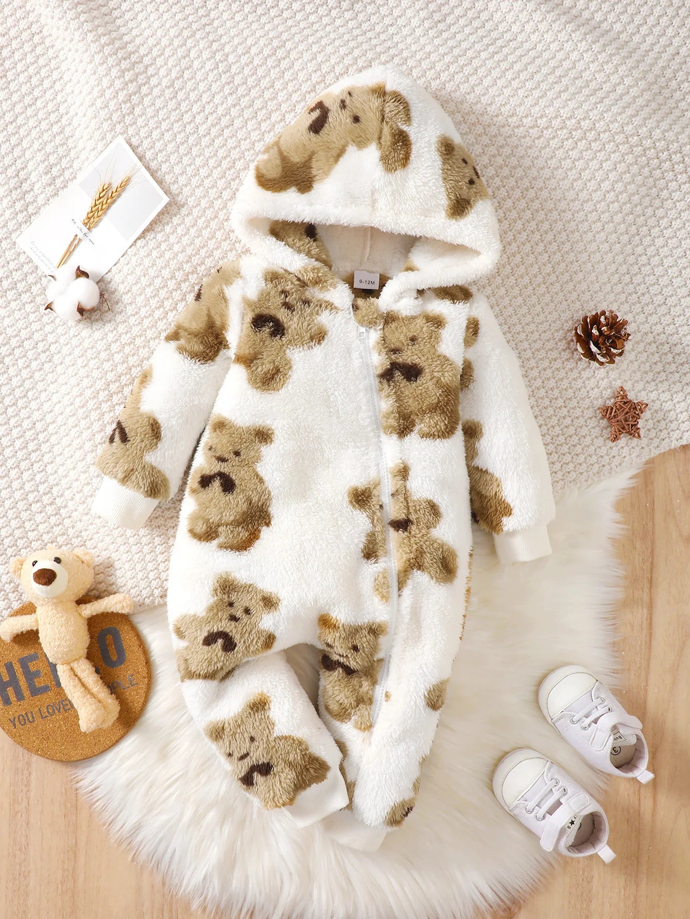 Combinaison d'hiver en peluche pour bébé fille, à la mode, décontractée, mignonne, motif petit ours, fermeture éclair inclinée, capuche, manches longues