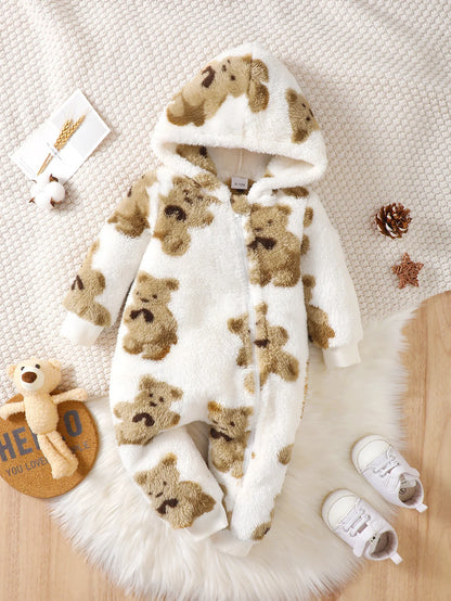 Combinaison d'hiver en peluche pour bébé fille, à la mode, décontractée, mignonne, motif petit ours, fermeture éclair inclinée, capuche, manches longues