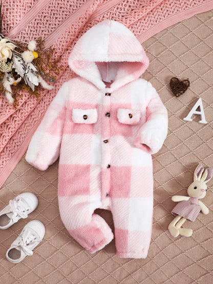Barboteuse à carreaux pour bébés garçons et filles, combinaison à capuche et manches longues en peluche, vêtements chauds d'hiver pour tout-petits garçons de 3 à 24 mois