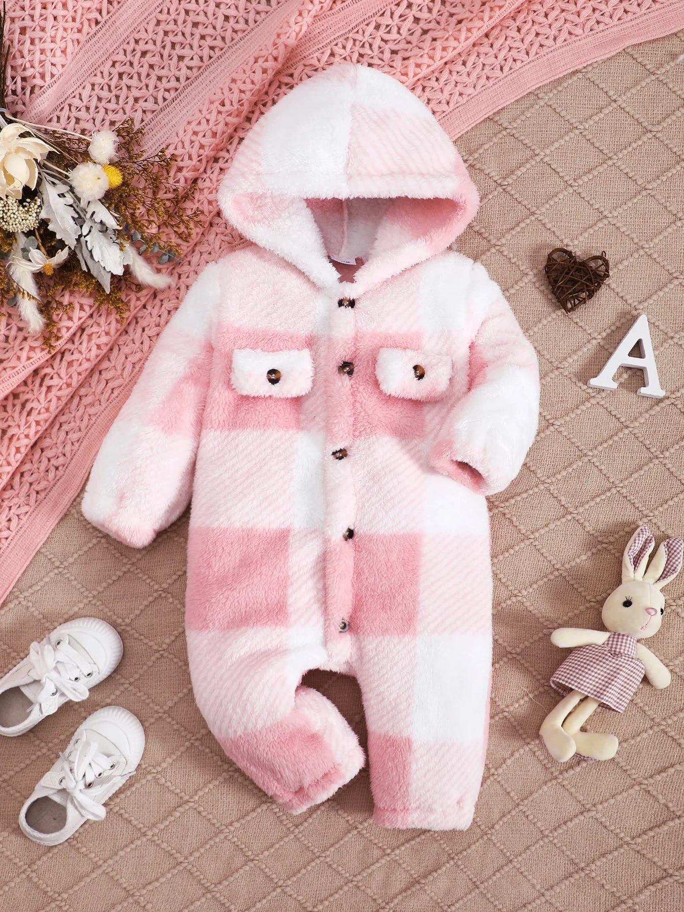 Barboteuse à carreaux pour bébés garçons et filles, combinaison à capuche et manches longues en peluche, vêtements chauds d'hiver pour tout-petits garçons de 3 à 24 mois