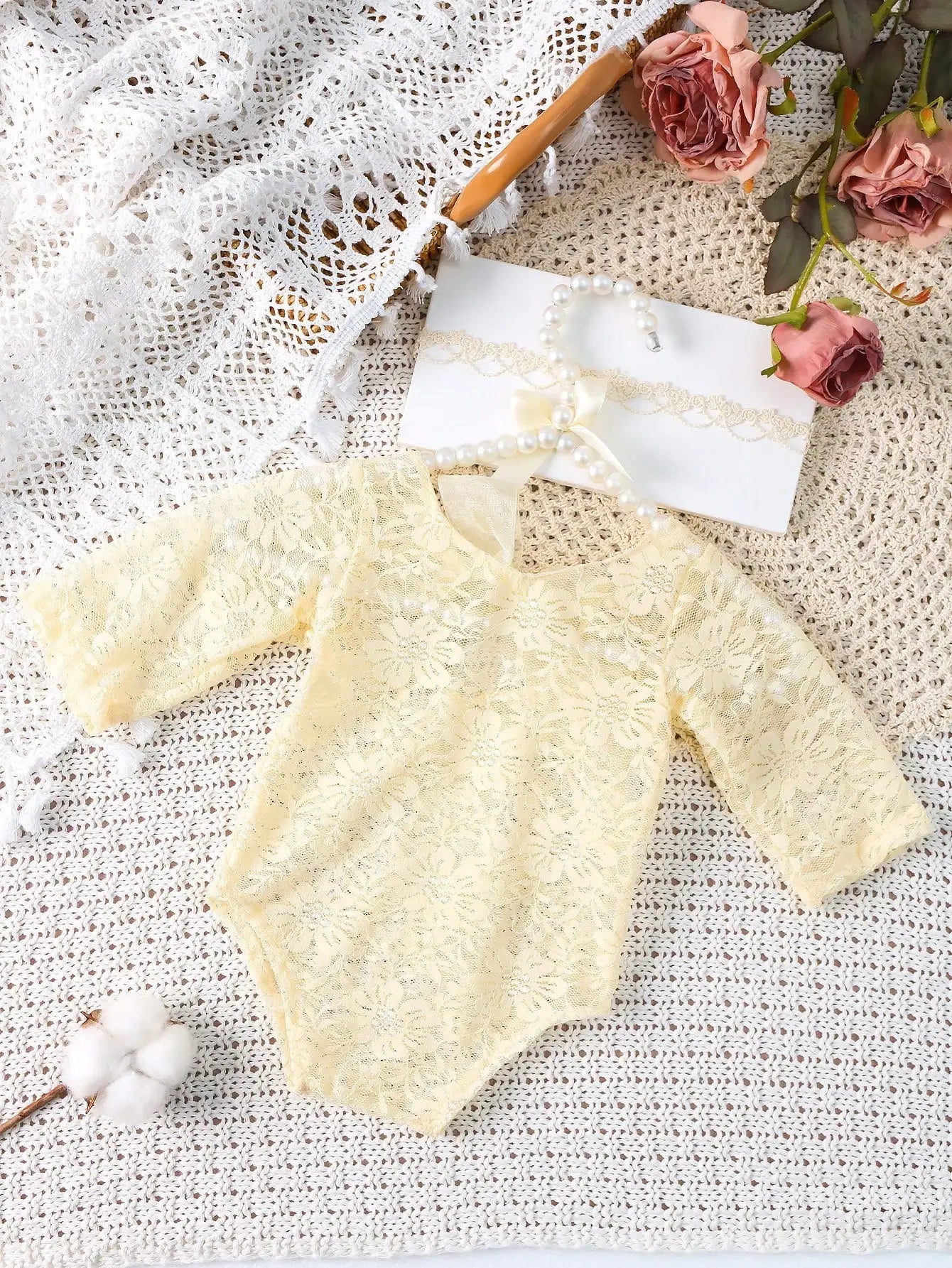 Ylsteed – ensemble 2 pièces pour nouveau-né, barboteuse en dentelle, tenues de photographie pour nourrissons avec bandeau assorti, accessoires de prise de vue Photo pour bébé fille