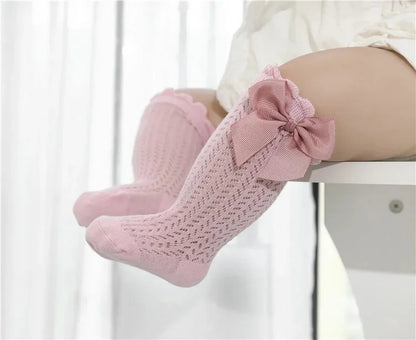 Chaussettes d'été en coton pour bébé fille de 0 à 24 mois, avec nœud en maille et dentelle, aux genoux, pour nouveau-né, princesse, longues, nouvelle collection 2024