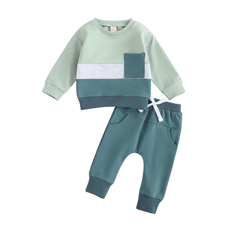 Survêtement d'hiver 2 pièces pour bébé, tenues pour garçons en bas âge, couleur contrastée, sweat-shirt à manches longues, hauts et pantalons longs, ensemble de vêtements pour tout-petits
