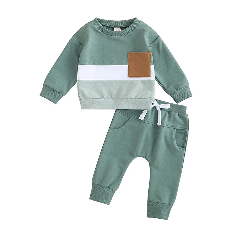 Survêtement d'hiver 2 pièces pour bébé, tenues pour garçons en bas âge, couleur contrastée, sweat-shirt à manches longues, hauts et pantalons longs, ensemble de vêtements pour tout-petits