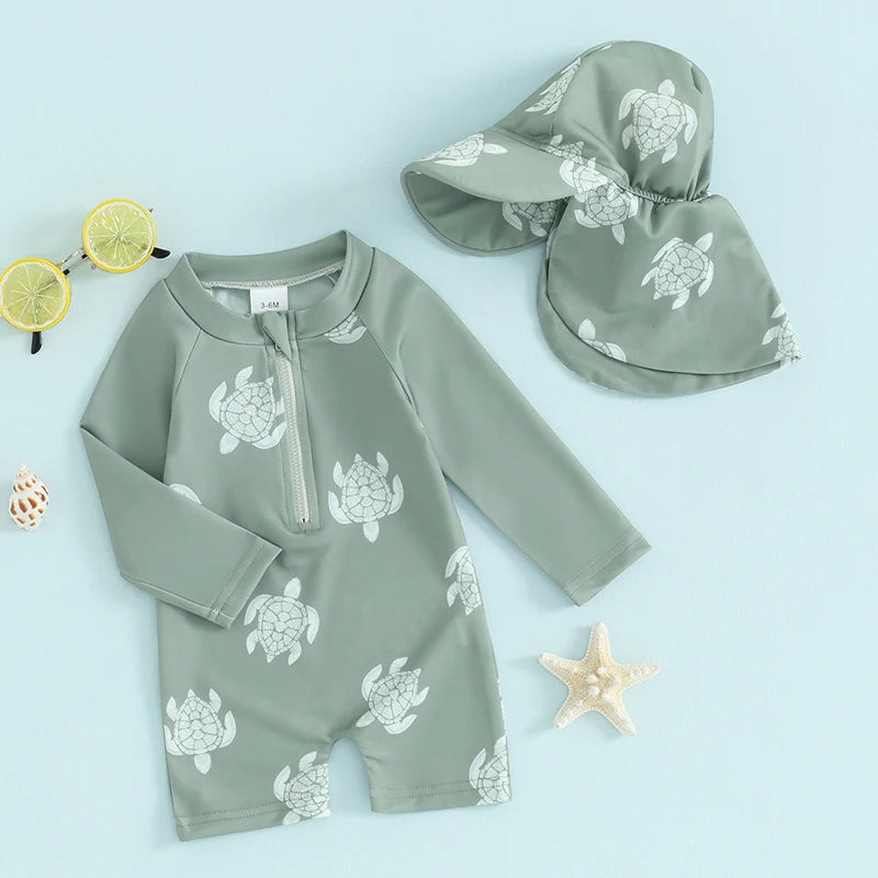 Tregren – maillot de bain pour garçons, protection contre les éruptions cutanées, manches longues, imprimé tortue/dinosaure, avec bonnets de bain, vêtements de plage