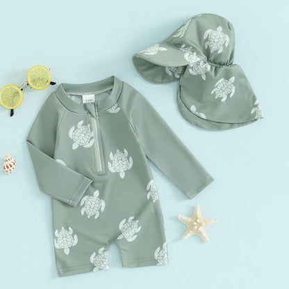 Tregren – maillot de bain pour garçons, protection contre les éruptions cutanées, manches longues, imprimé tortue/dinosaure, avec bonnets de bain, vêtements de plage