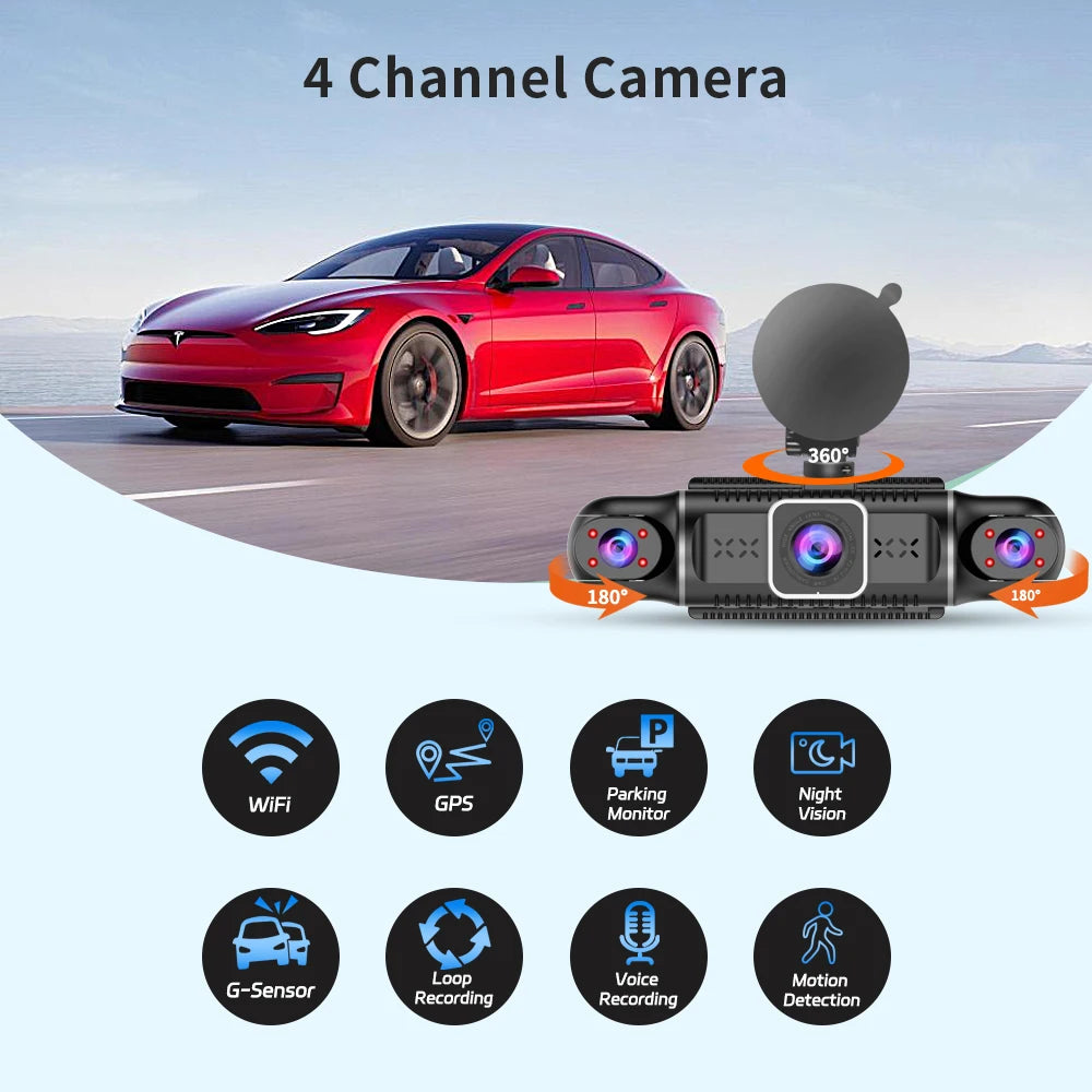 Caméra de tableau de bord DVR pour voiture, 64 go, 360 degrés, WiFi, GPS, moniteur de stationnement 24h, 4 objectifs * HD 1080P, enregistreur vidéo, contrôle par application, outil filaire
