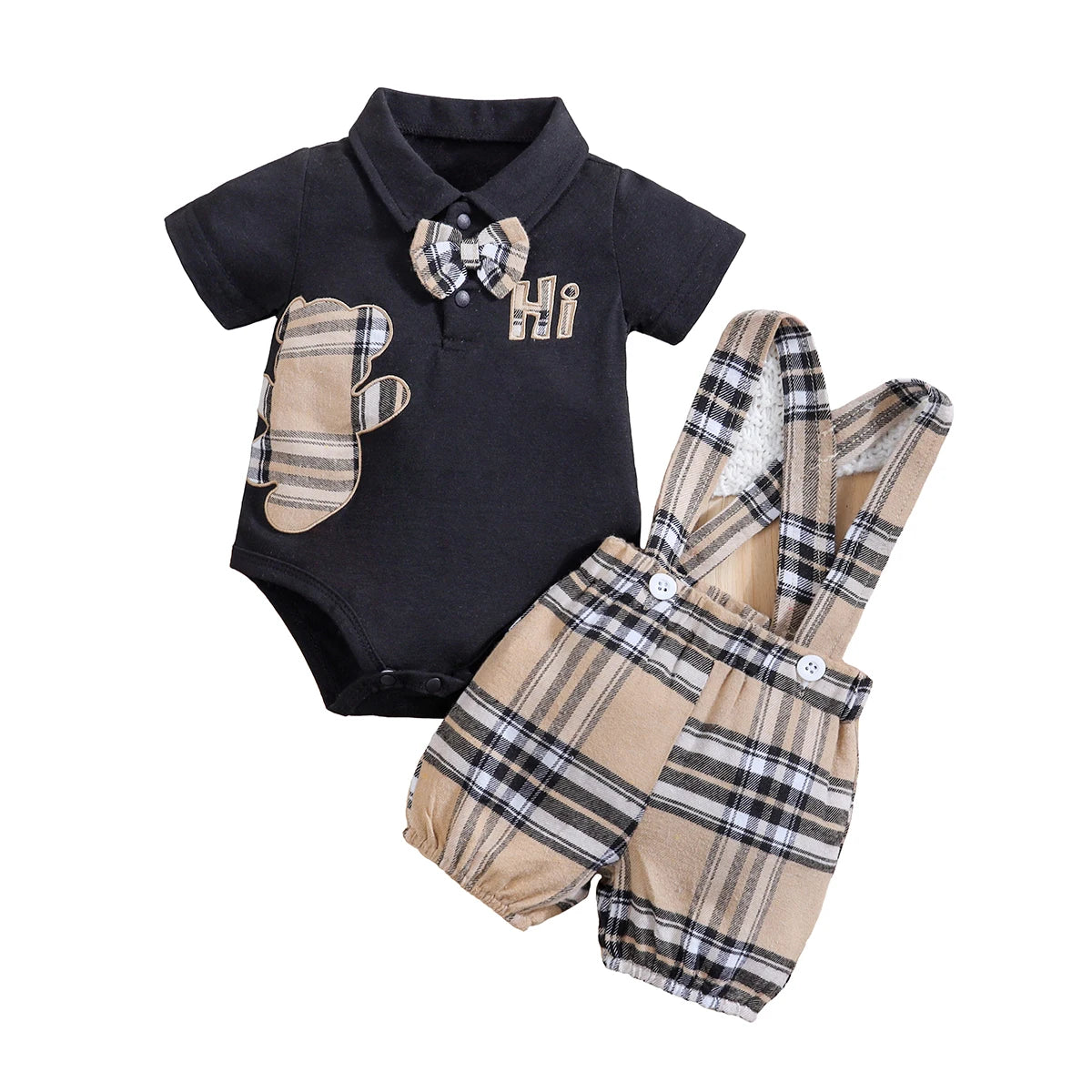 IURNXB – ensemble de vêtements pour bébé, 2 pièces, manches courtes, body ours à carreaux + pantalon à bretelles, tenues pour nouveau-né de 1 à 18 mois
