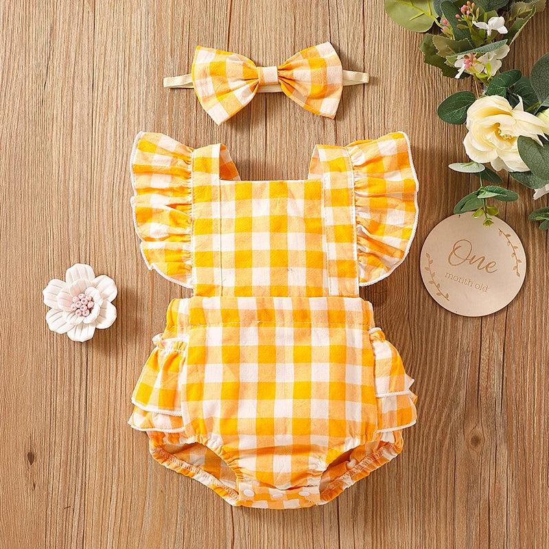 Manches volantes en coton à carreaux pour nouveau-né fille, tenue d'escalade imbibée de fesses + vêtements de sauna