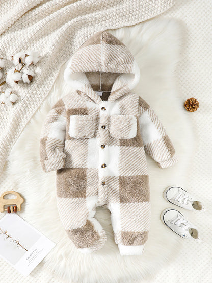 Barboteuse à carreaux pour bébés garçons et filles, combinaison à capuche et manches longues en peluche, vêtements chauds d'hiver pour tout-petits garçons de 3 à 24 mois