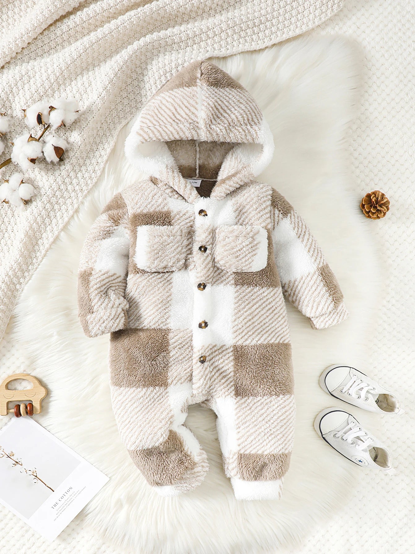 Barboteuse à carreaux pour bébés garçons et filles, combinaison à capuche et manches longues en peluche, vêtements chauds d'hiver pour tout-petits garçons de 3 à 24 mois