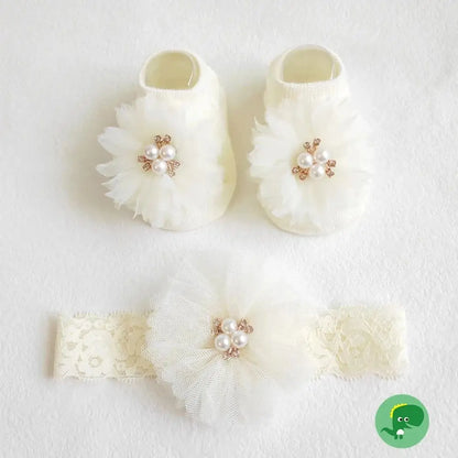Ensemble de chaussettes et bandeau pour bébé, jolis nœuds en perles, chaussettes antidérapantes en coton, dentelle fleur, bandeau pour nouveau-né, Turban, accessoires pour cheveux de fille