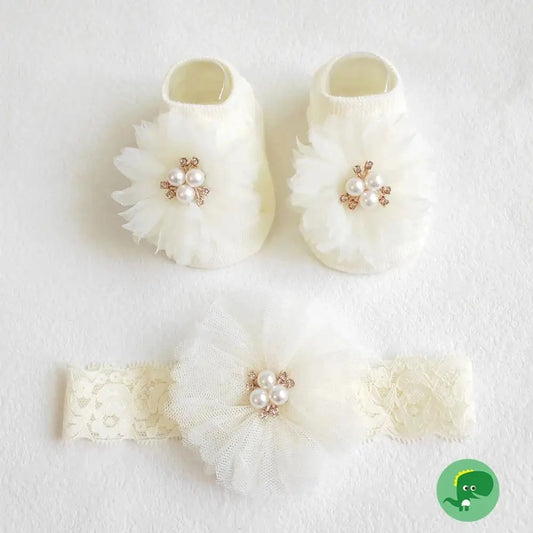 Ensemble de chaussettes et bandeau pour bébé, jolis nœuds en perles, chaussettes antidérapantes en coton, dentelle fleur, bandeau pour nouveau-né, Turban, accessoires pour cheveux de fille