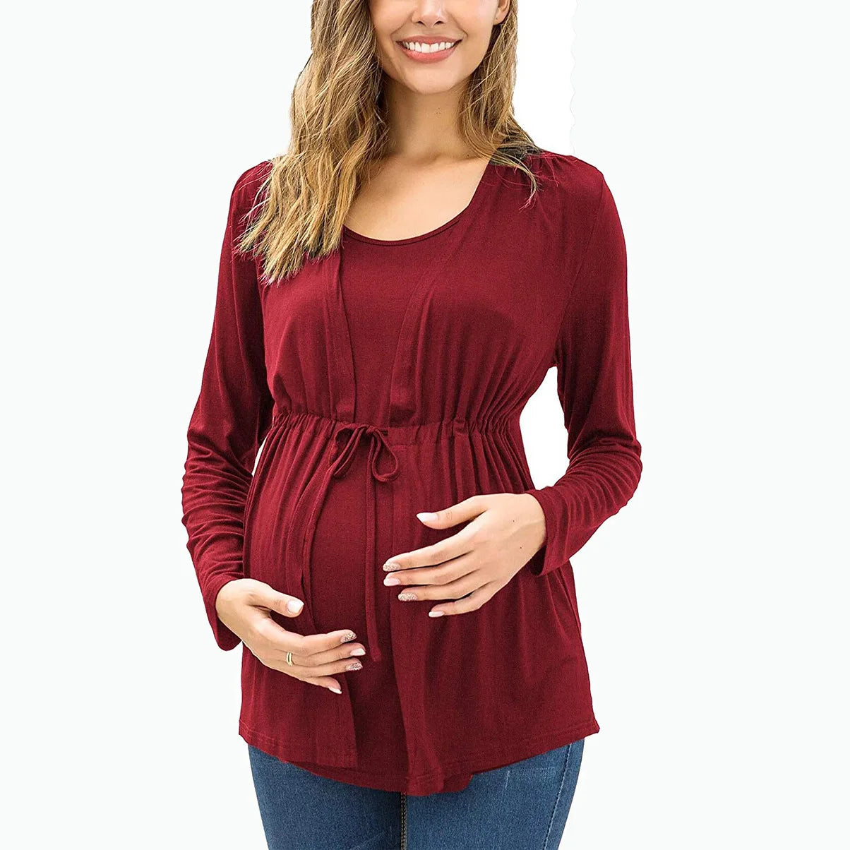 Automne hiver à manches longues col rond faux deux pièces à lacets allaitement femmes enceintes haut T-shirt vêtements d'extérieur pour femmes enceintes