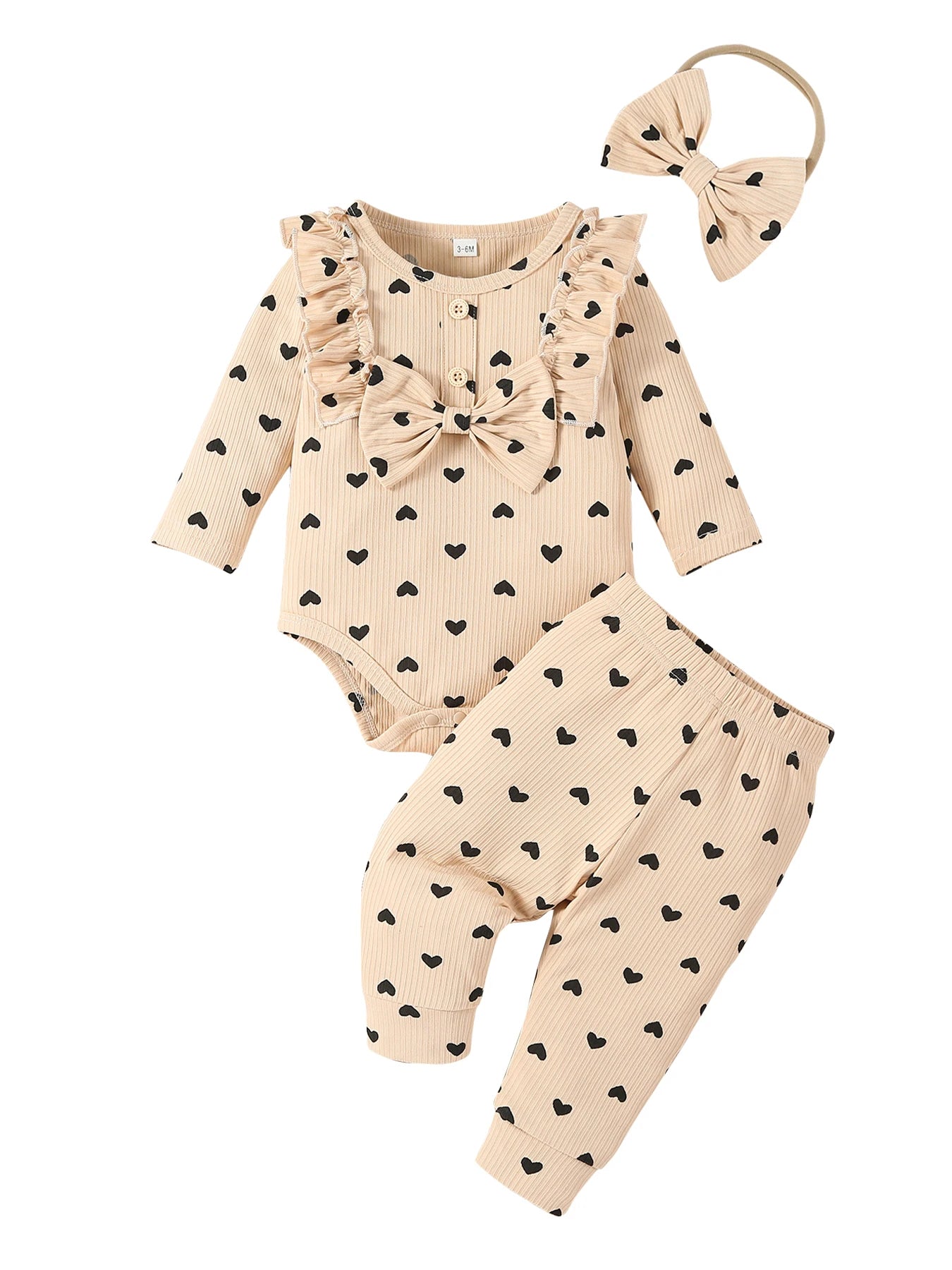 Kukitty – ensemble de vêtements 3 pièces pour nouveau-né fille, barboteuse à manches longues, imprimé cœur, haut et pantalon, bandeau, tenues en tricot