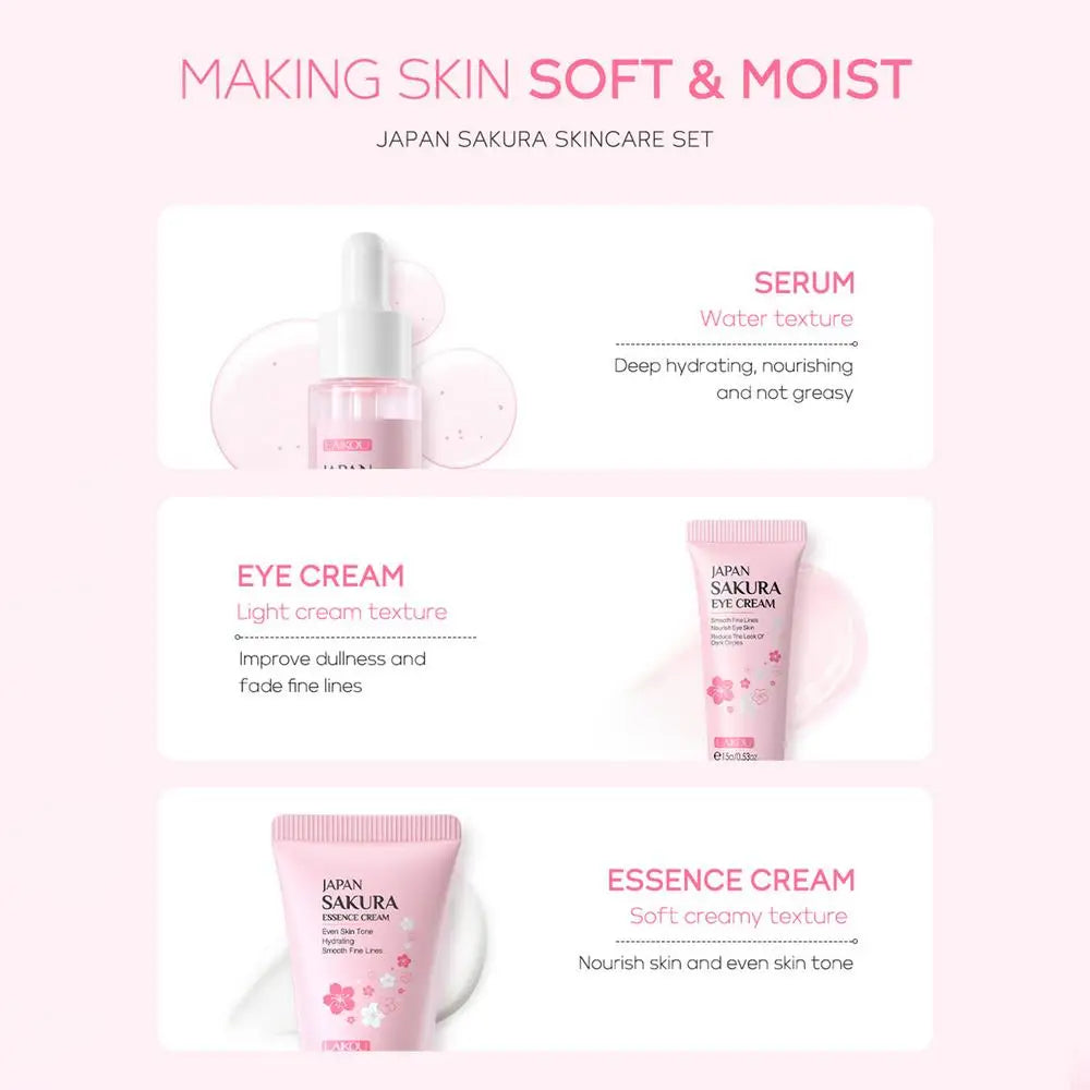 Coffret de soins pour le visage Crème nettoyante Sakura Essence Tonique hydratant blanchissant et anti-âge Crème pour les yeux Sérum pour le visage Soins de la peau pour les yeux