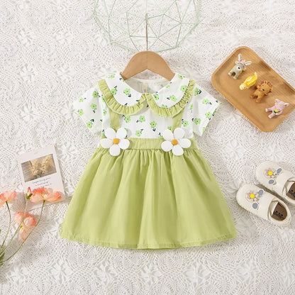(0-3 ans) été bébé fille coton fleur faux deux pièces bandoulière robe fille mignon robe à manches courtes