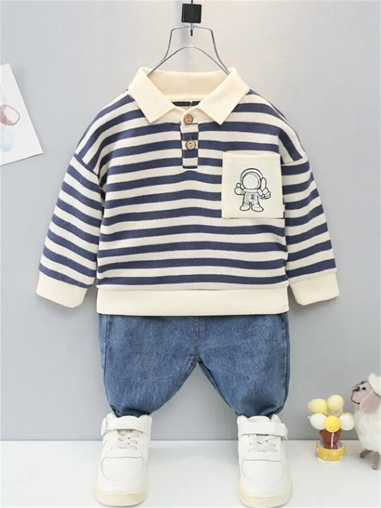 Ensemble de 2 pièces de vêtements de sport décontractés pour enfants, sweats à capuche à bandes, jeans pour garçons, survêtements pour enfants, tenue de printemps et d'automne, 0 à 5 ans, nouveau