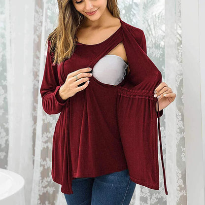 Automne hiver à manches longues col rond faux deux pièces à lacets allaitement femmes enceintes haut T-shirt vêtements d'extérieur pour femmes enceintes