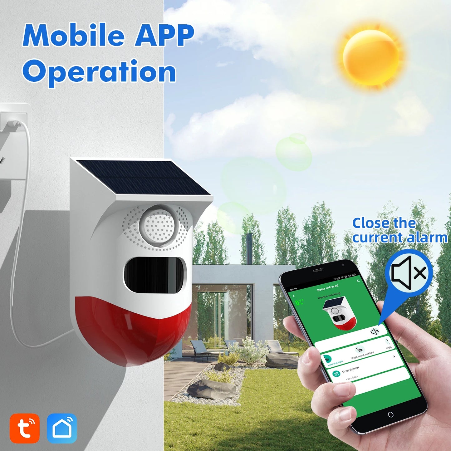 Tuya – détecteur de mouvement infrarouge intelligent WiFi, solaire, extérieur, PIR, sirène stroboscopique sans fil, alarme sonore, télécommande étanche