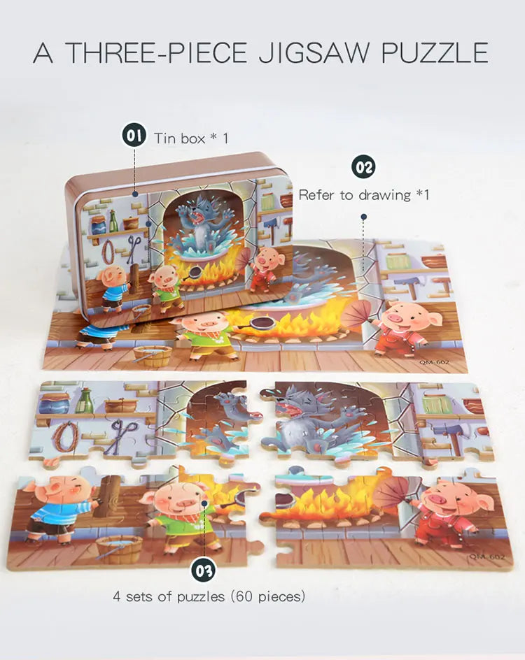 Puzzle de dessin animé 60 pièces avec boîte en métal, Puzzle de véhicule Animal d'éducation précoce pour enfants, jeu d'interaction Parent-enfant