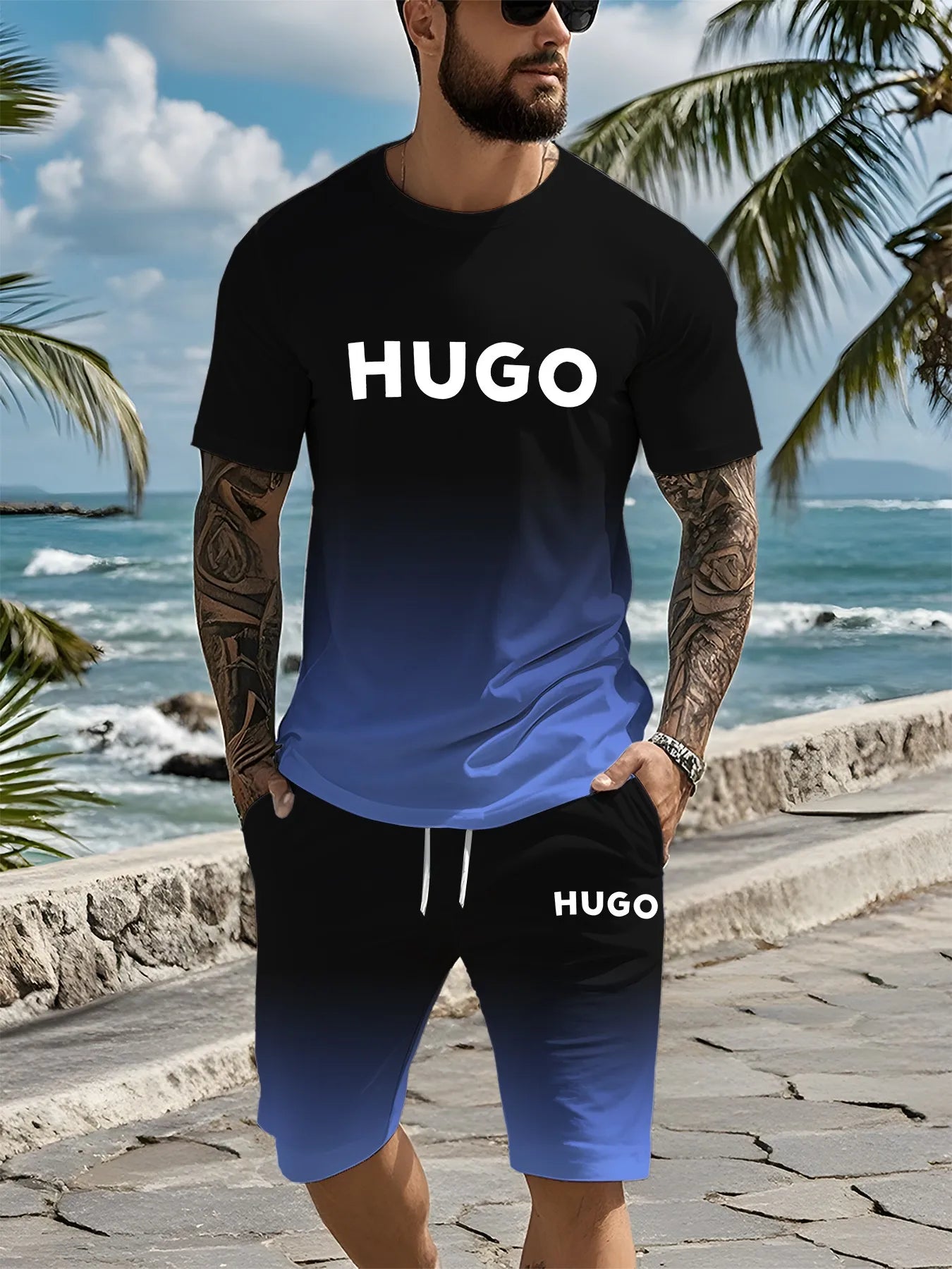 Un tout nouveau ensemble de vêtements pour hommes imprimés numériques en 3D de marque tendance d'été, un vêtement décontracté à la mode adapté aux hommes et aux femmes, bre