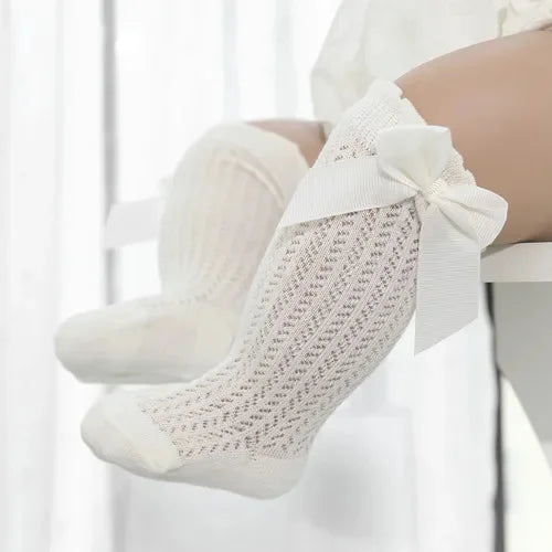 Chaussettes d'été en coton pour bébé fille de 0 à 24 mois, avec nœud en maille et dentelle, aux genoux, pour nouveau-né, princesse, longues, nouvelle collection 2024