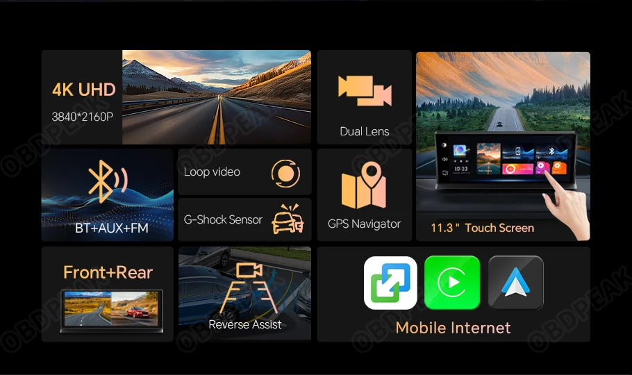 Caméra de tableau de bord sans fil pour voiture, K2 Pro, DVR 4K, Carplay, Android Auto, écran AI, enregistreur vidéo Len pour touristes, navigation GPS, tableau Prada, 11.3 pouces