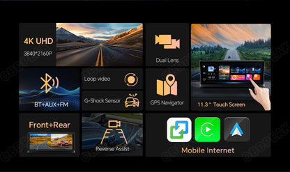 Caméra de tableau de bord sans fil pour voiture, K2 Pro, DVR 4K, Carplay, Android Auto, écran AI, enregistreur vidéo Len pour touristes, navigation GPS, tableau Prada, 11.3 pouces