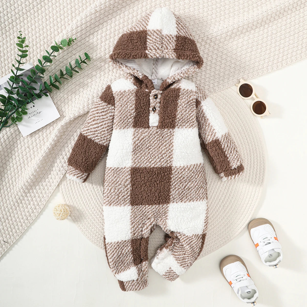 Barboteuse à carreaux pour bébés garçons et filles, combinaison à capuche et manches longues en peluche, vêtements chauds d'hiver pour tout-petits garçons de 3 à 24 mois