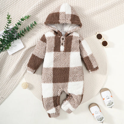 Barboteuse à carreaux pour bébés garçons et filles, combinaison à capuche et manches longues en peluche, vêtements chauds d'hiver pour tout-petits garçons de 3 à 24 mois