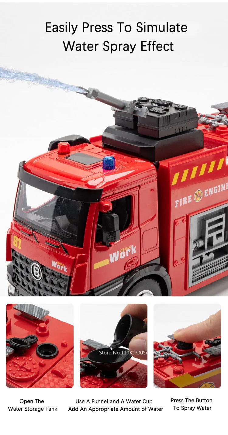 1:18 pétrolier d'eau alliage échelle camion de pompier modèle jouets voiture moulé sous pression en métal ingénierie véhicule portes ouvert son lumière jouet garçon cadeau